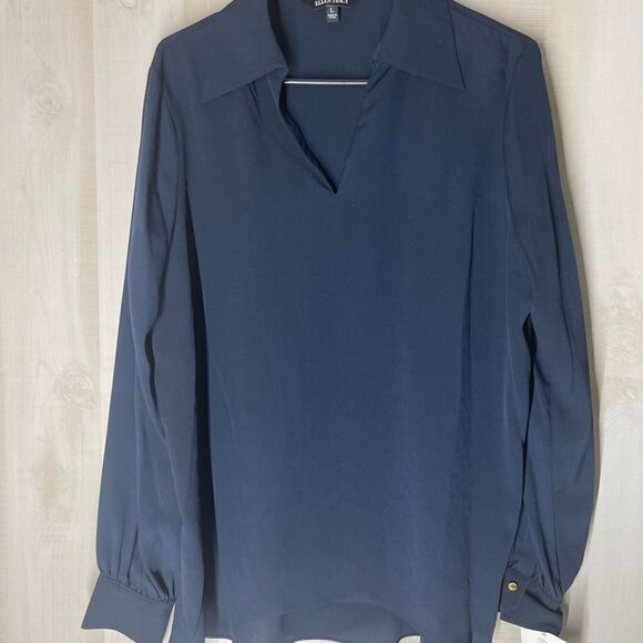 Ellen Tracy new with tags navy long sleeve v neck blouse tunic size large - Picture 2 of 15